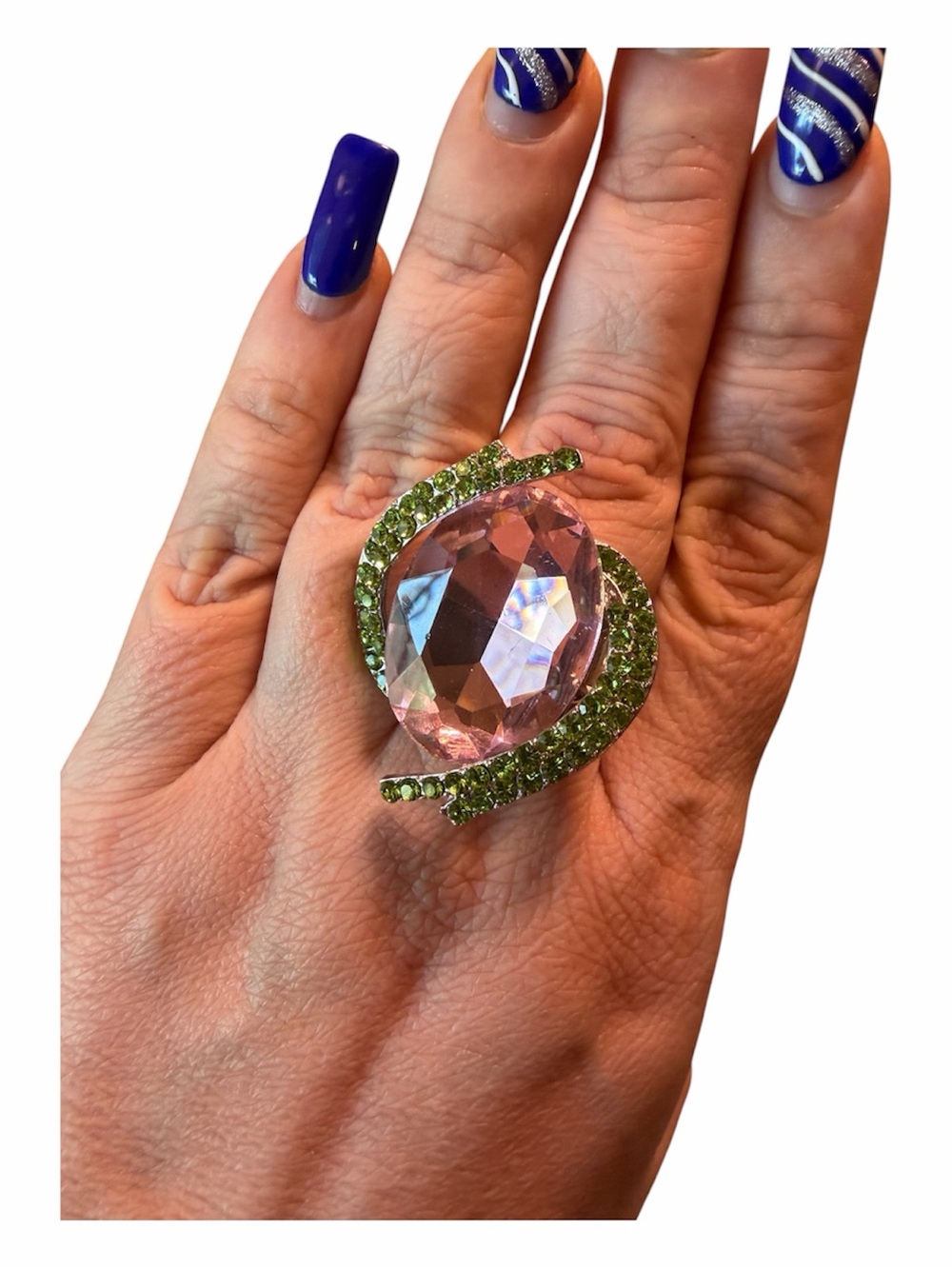 Pink Crystal Statement Ring with Green Accent Stones - Women's Jewelry